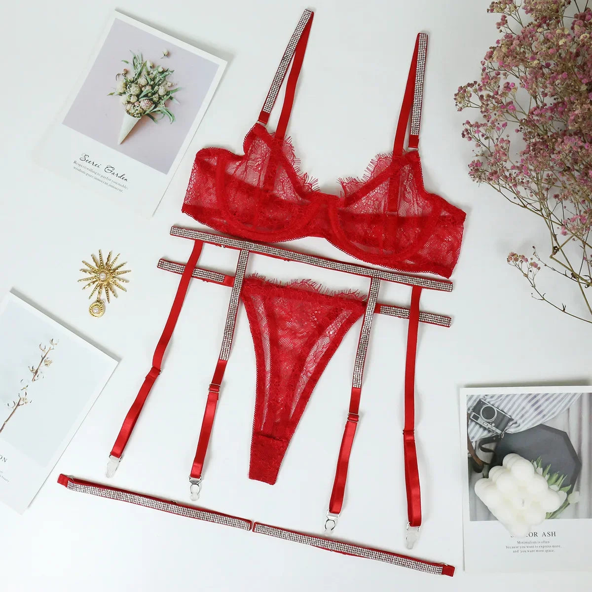 Toucheart Lingerie Set Lace Uniform Two Piece Bra Set Rhinestone Perspective Lace Lingerie