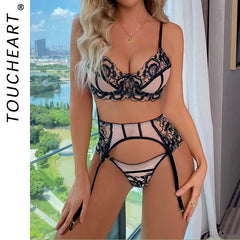 Toucheart Lingerie Set Mesh Lace Underwear with Ring Waist Seal Underwear Exotic Style Suit