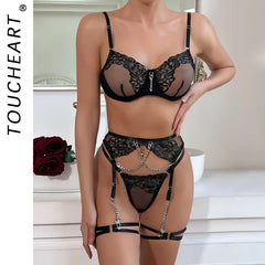 Toucheart Lingerie Set Mesh See-Through Embroidery Metal Chain Bra Metal Garters Underwear