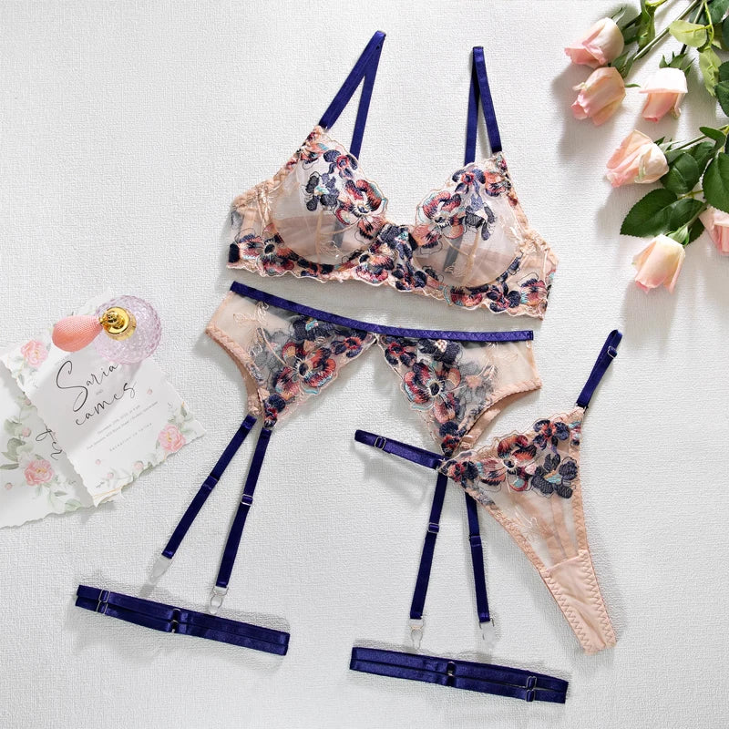 Toucheart Lingerie Set Multicolor Embroidery Mesh Perspective Bra Set Metal Decoration Underwear Suit