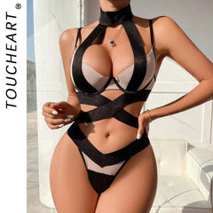 Toucheart Lingerie Set Mesh See-through Underwear Plunge Contrast Color Lingerie Set