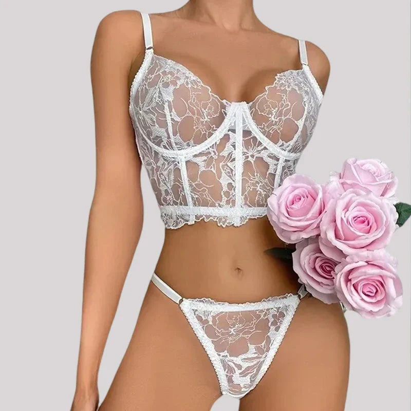 Toucheart Lingerie Set See-through Embroidered Underwired Fishbone Extended Vest Bra Briefs Beautiful Back Underwear