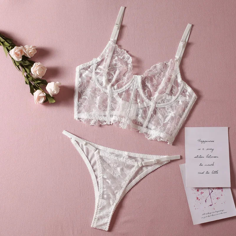 Toucheart Lingerie Set See-through Embroidered Underwired Fishbone Extended Vest Bra Briefs Beautiful Back Underwear