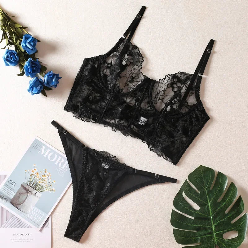 Toucheart Lingerie Set See-through Embroidered Underwired Fishbone Extended Vest Bra Briefs Beautiful Back Underwear