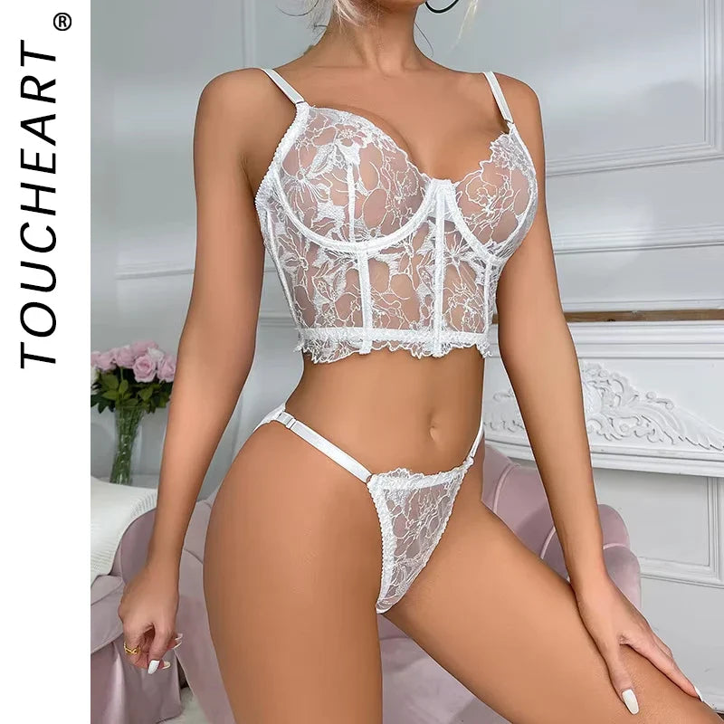 Toucheart Lingerie Set See-through Embroidered Underwired Fishbone Extended Vest Bra Briefs Beautiful Back Underwear