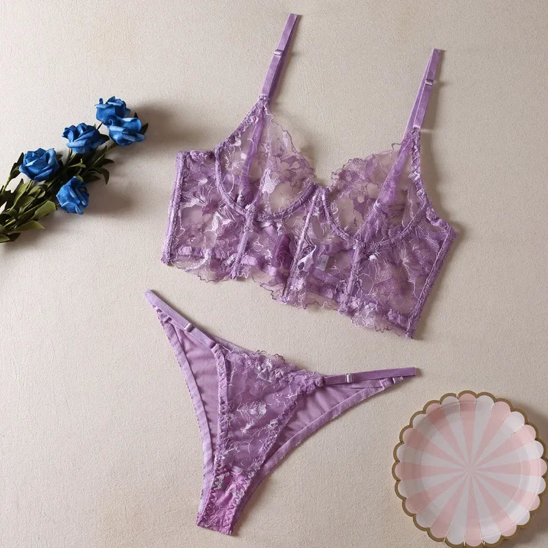Toucheart Lingerie Set See-through Embroidered Underwired Fishbone Extended Vest Bra Briefs Beautiful Back Underwear