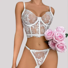 Toucheart Lingerie Set See-through Embroidered Underwired Fishbone Extended Vest Bra Briefs Beautiful Back Underwear