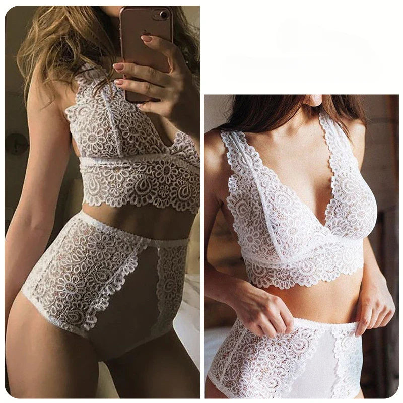 Toucheart Lingerie Set Solid Color Deep V Sex Lace See-through Set Underwear Set
