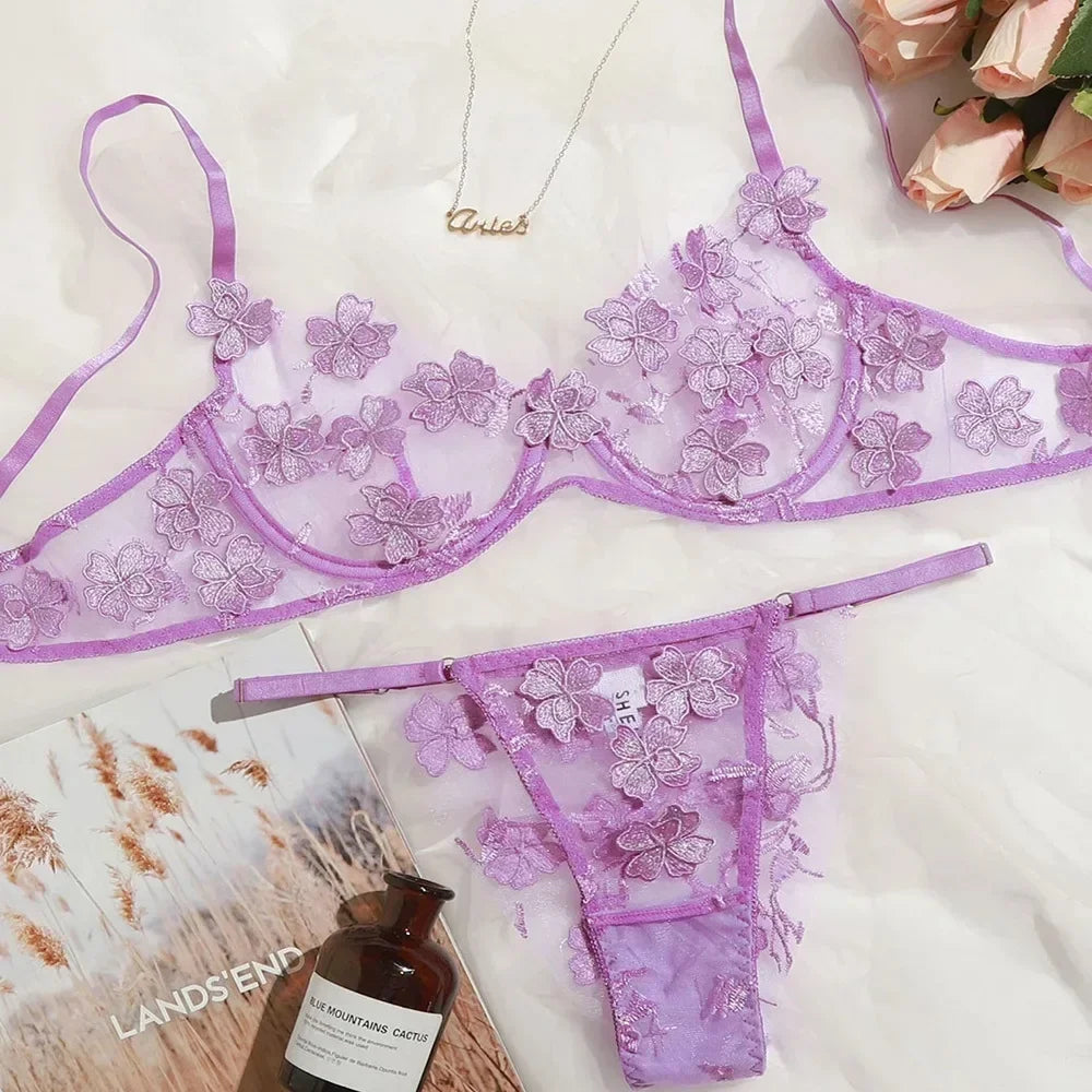Toucheart Lingerie Set Transparent Feminine Sweet Mesh Embroidered Lace Bra Flower Applique Transparent Lingerie Kit