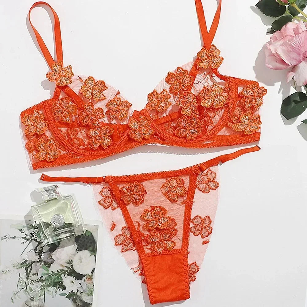 Toucheart Lingerie Set Transparent Feminine Sweet Mesh Embroidered Lace Bra Flower Applique Transparent Lingerie Kit