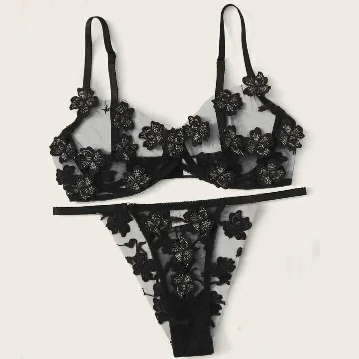 Toucheart Lingerie Set Transparent Feminine Sweet Mesh Embroidered Lace Bra Flower Applique Transparent Lingerie Kit