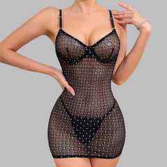 Toucheart Lingerie Set Mesh Grid Sling Dress Lace Up Mesh Perspective Strap Backpack Dress