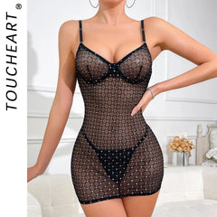 Toucheart Lingerie Set Mesh Grid Sling Dress Lace Up Mesh Perspective Strap Backpack Dress