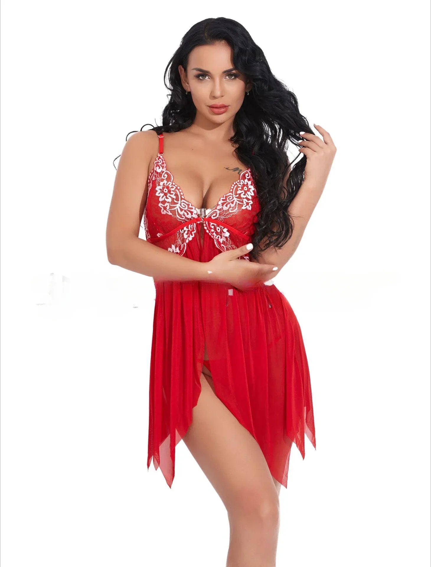 Toucheart Lingerie Set Lace Nightgown Mesh See-through Suspender Dress Lace Ultra Thin Pajama Set