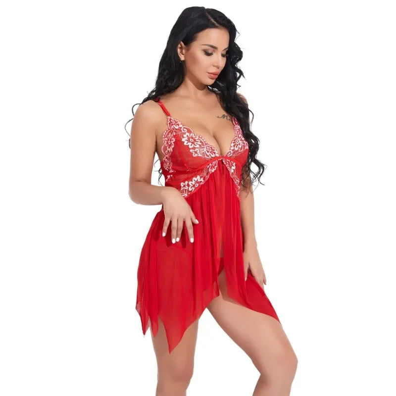 Toucheart Lingerie Set Lace Nightgown Mesh See-through Suspender Dress Lace Ultra Thin Pajama Set