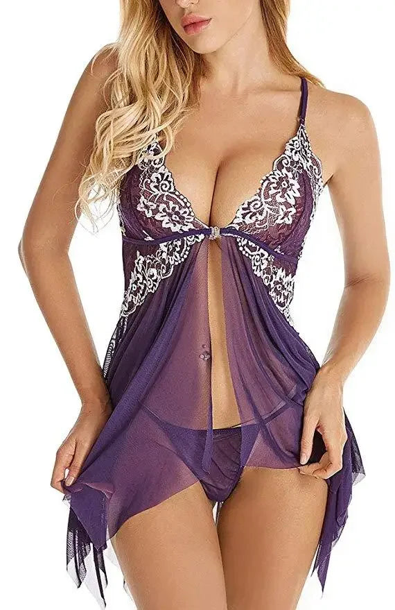 Toucheart Lingerie Set Lace Nightgown Mesh See-through Suspender Dress Lace Ultra Thin Pajama Set