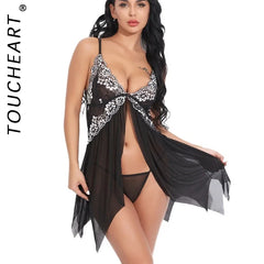 Toucheart Lingerie Set Lace Nightgown Mesh See-through Suspender Dress Lace Ultra Thin Pajama Set