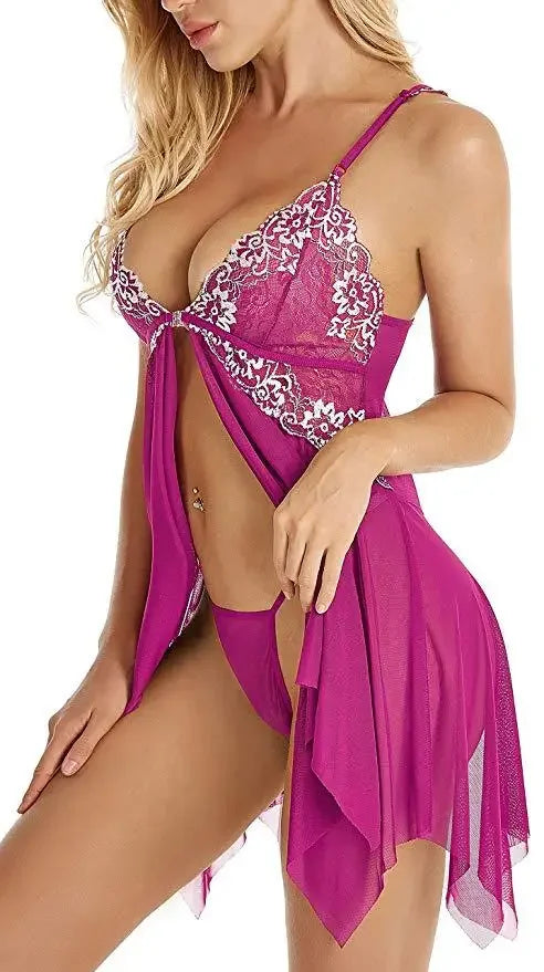 Toucheart Lingerie Set Lace Nightgown Mesh See-through Suspender Dress Lace Ultra Thin Pajama Set