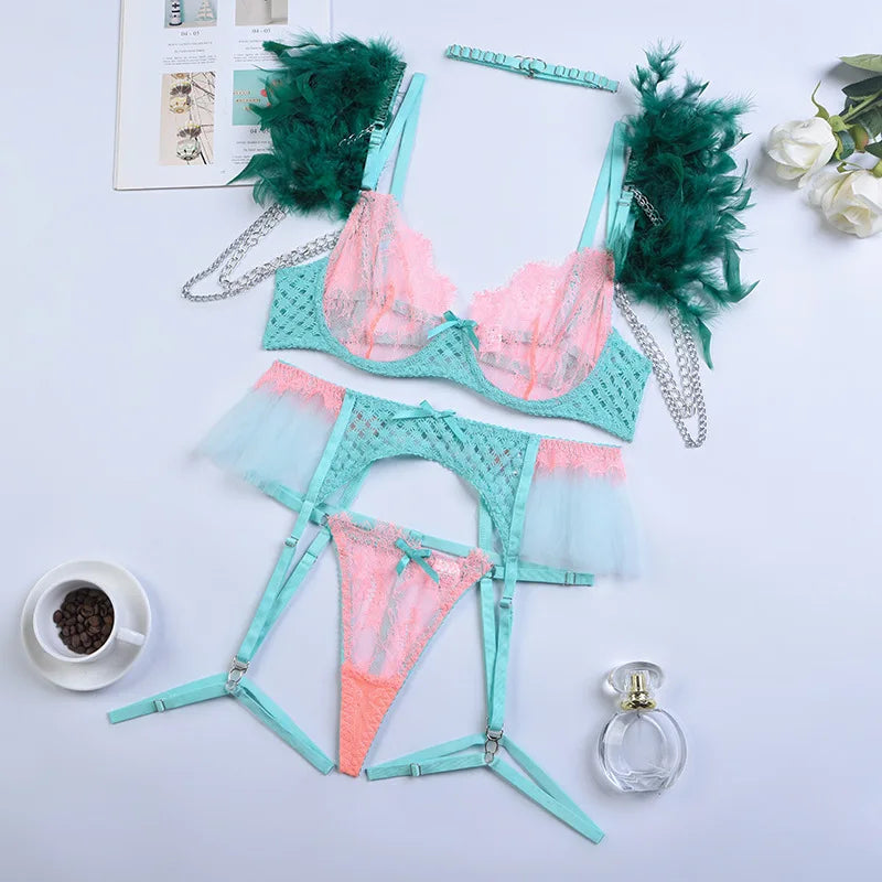 Toucheart Lingerie Set Feather Foreign Trade Lace Eyelash Splicing Underwear Six Pieces Set Gathered