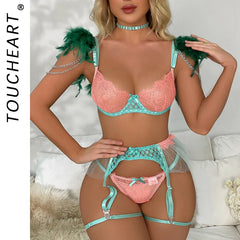 Toucheart Lingerie Set Feather Foreign Trade Lace Eyelash Splicing Underwear Six Pieces Set Gathered