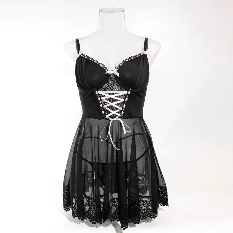 Toucheart Lingerie Set Lace Spliced Mesh See-through Bow Ribbon Dress Nightgown Two-piece Set Sling Dress Set