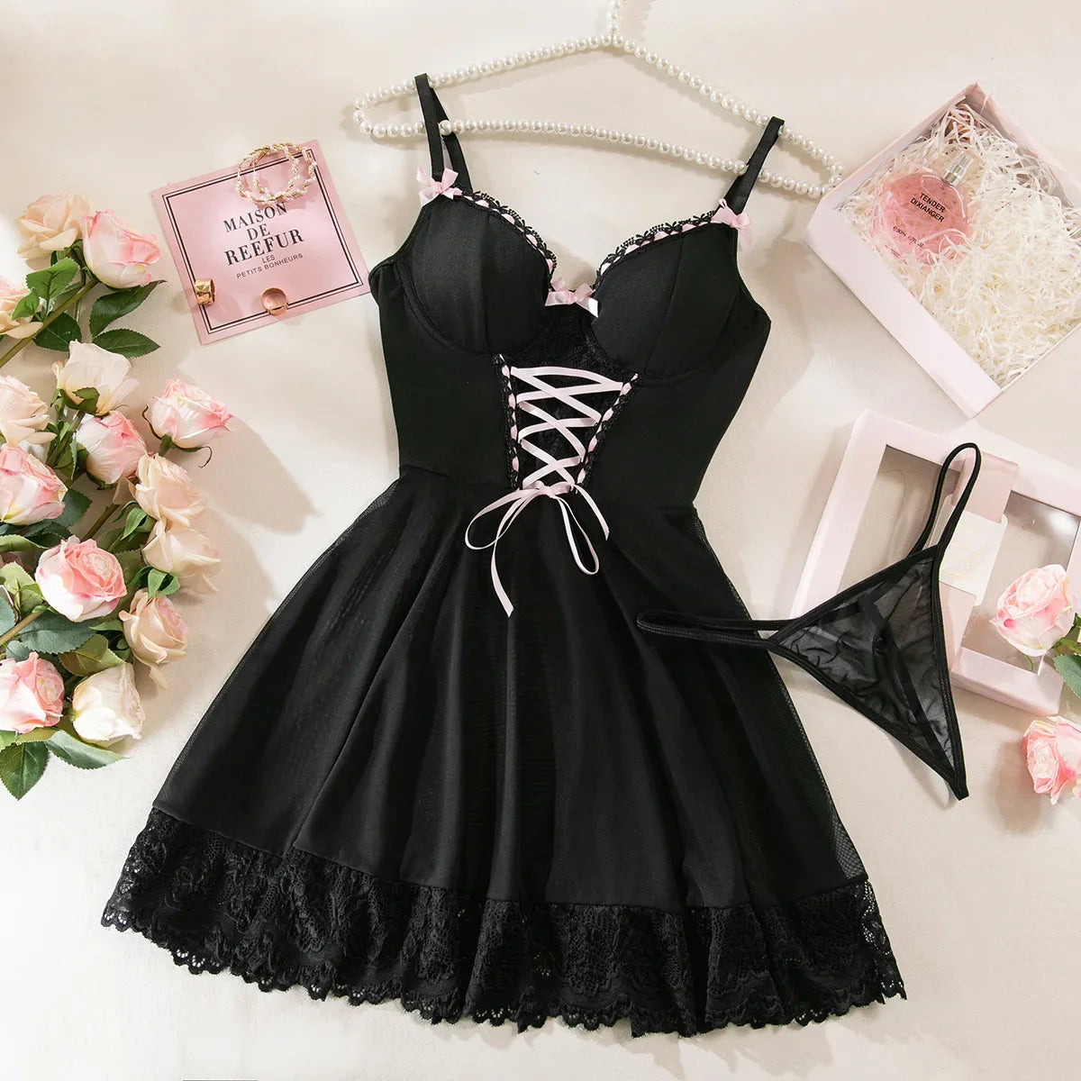 Toucheart Lingerie Set Lace Spliced Mesh See-through Bow Ribbon Dress Nightgown Two-piece Set Sling Dress Set