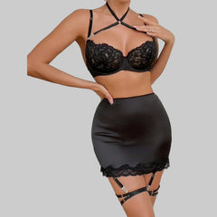 Toucheart Lingerie Set Mesh Perspective Bra Set Lace Lace Splicing Hip-pack Skirt Underwear Garters Set