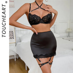 Toucheart Lingerie Set Mesh Perspective Bra Set Lace Lace Splicing Hip-pack Skirt Underwear Garters Set