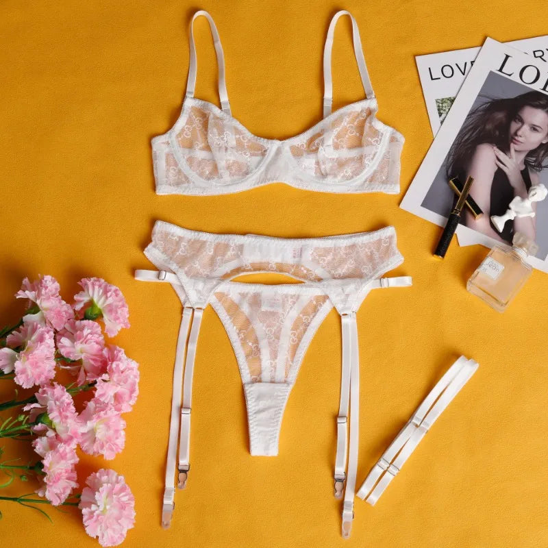Toucheart Lingerie Set Solid Color Mesh See-through Plunge Garters Underwear 3-piece Set