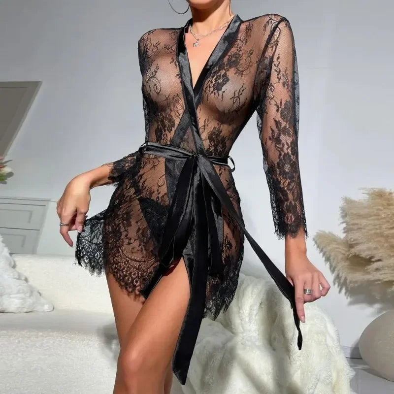 Toucheart Lingerie Nightgown See-Through Lace Printing Deep V-Neck Home Ultrathin Lace Up Nightgown Set