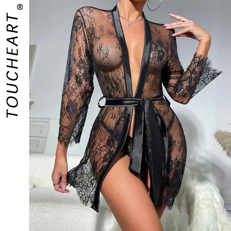 Toucheart Lingerie Nightgown See-Through Lace Printing Deep V-Neck Home Ultrathin Lace Up Nightgown Set