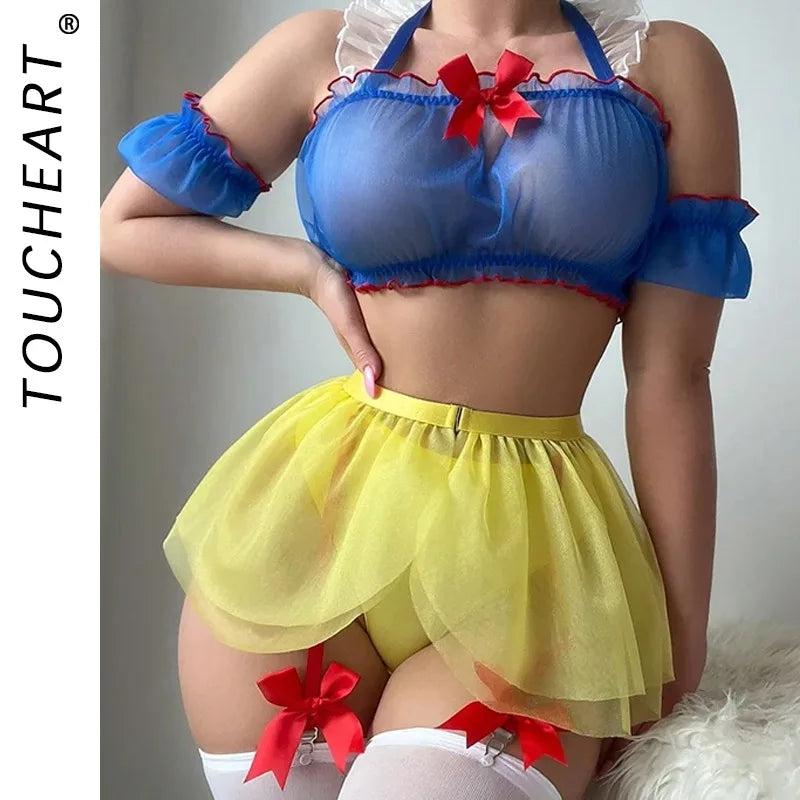 Toucheart Lingerie Uniform Maid Outfit Erotic Cosplay Transparent Mesh Role Play Outfit Garter