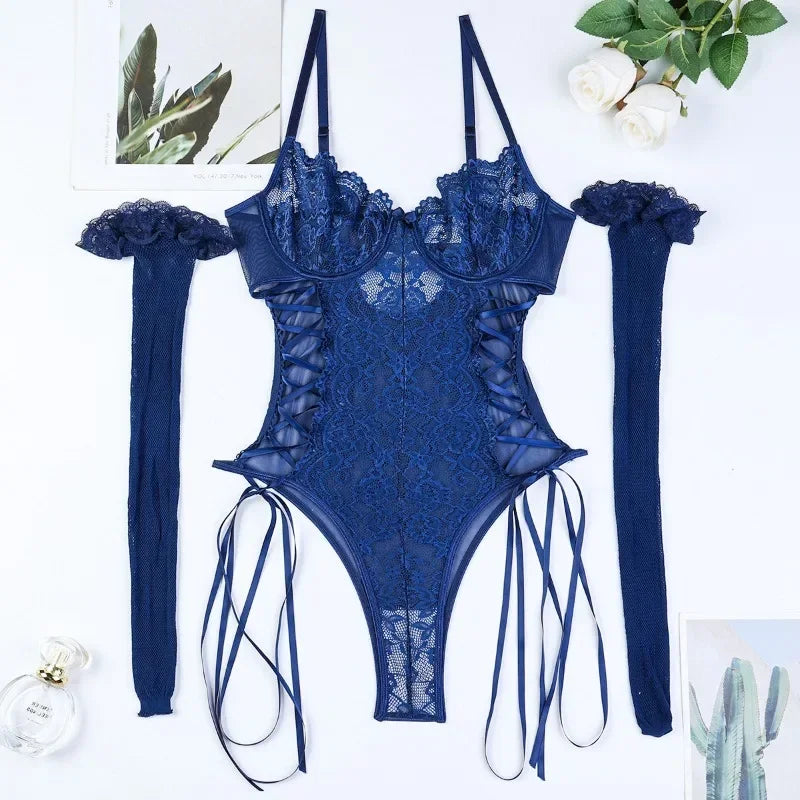 Toucheart Lingerie Sling Jumpsuit Lace Up See-Through Lace Underwear Fishnet Stockings Suit