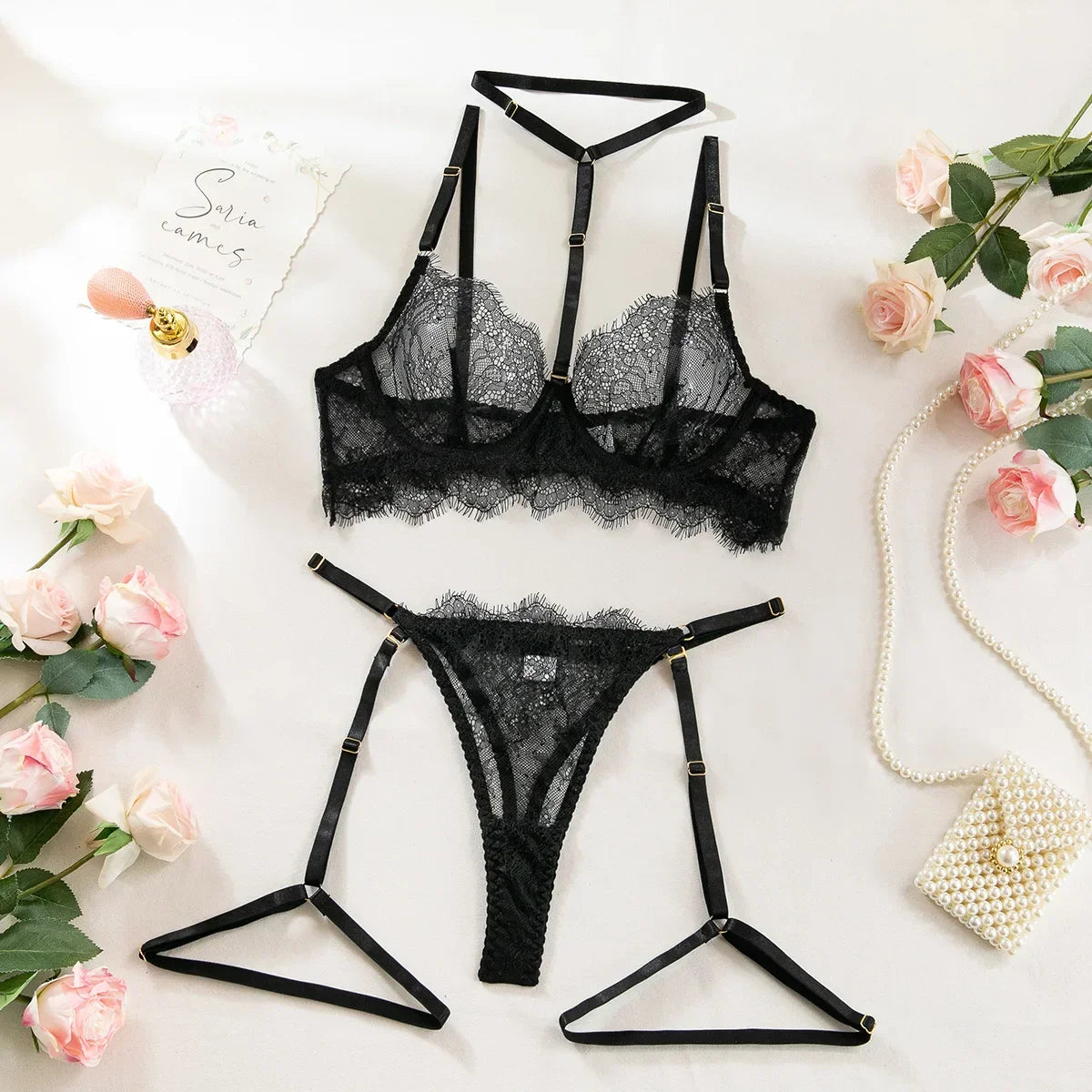 Toucheart Lingerie Suit Female See-through Lace Halter Bra Set  Adjustable Leg Ring Set Underwear