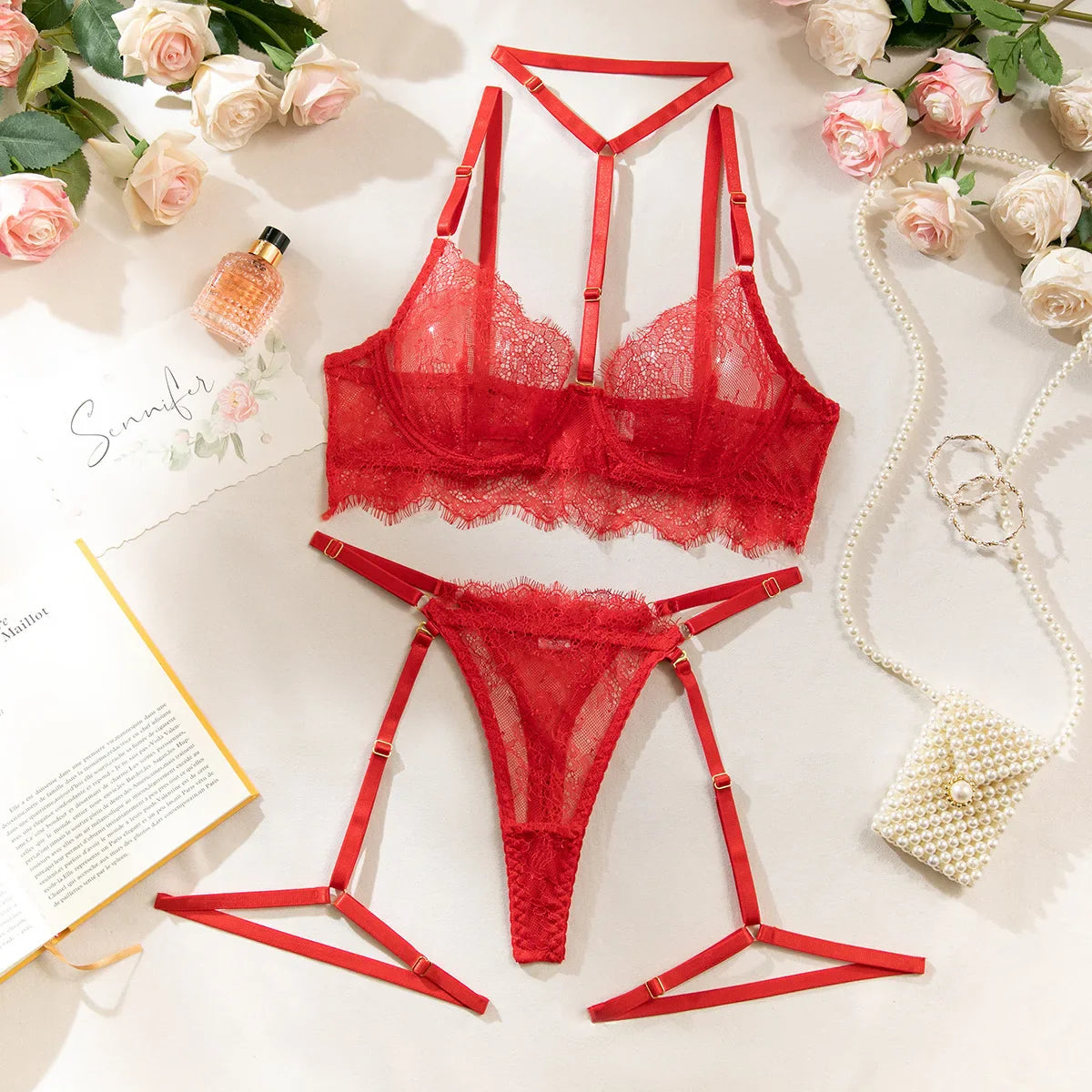 Toucheart Lingerie Suit Female See-through Lace Halter Bra Set  Adjustable Leg Ring Set Underwear