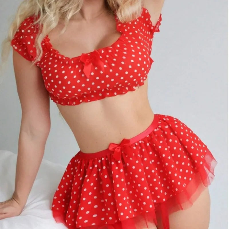Toucheart Lingerie Suit Bow Knot Mesh Polka Dot Off-shoulder Polka Skirt Exposed Navel Underwear