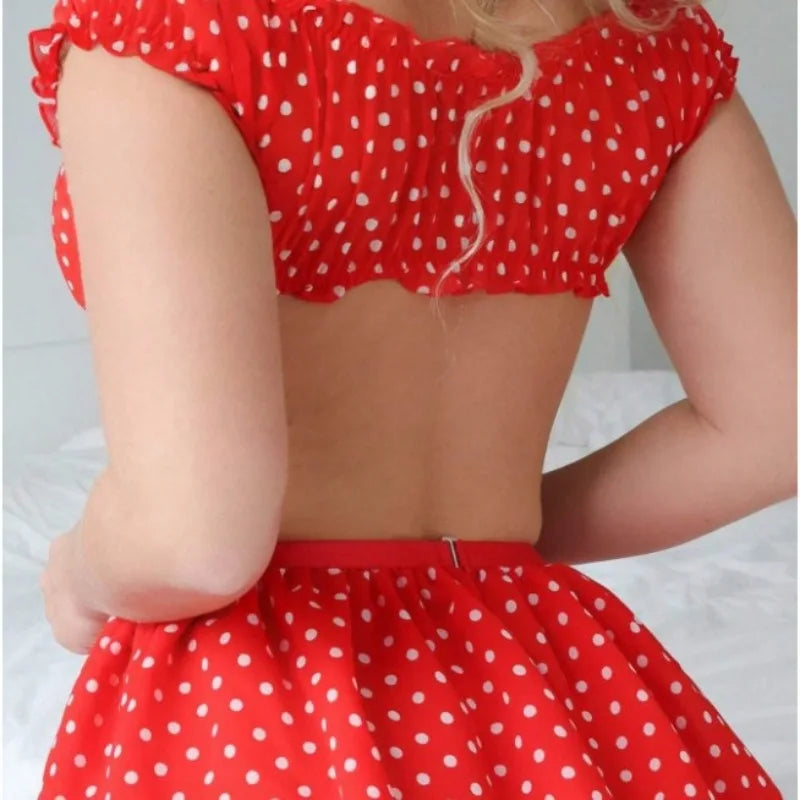 Toucheart Lingerie Suit Bow Knot Mesh Polka Dot Off-shoulder Polka Skirt Exposed Navel Underwear