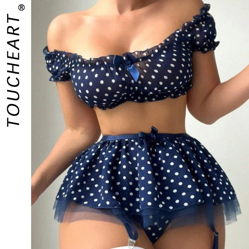 Toucheart Lingerie Suit Bow Knot Mesh Polka Dot Off-shoulder Polka Skirt Exposed Navel Underwear