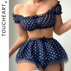 Toucheart Lingerie Suit Bow Knot Mesh Polka Dot Off-shoulder Polka Skirt Exposed Navel Underwear