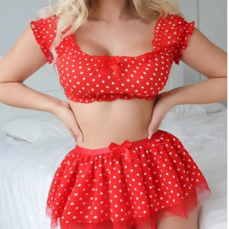 Toucheart Lingerie Suit Bow Knot Mesh Polka Dot Off-shoulder Polka Skirt Exposed Navel Underwear