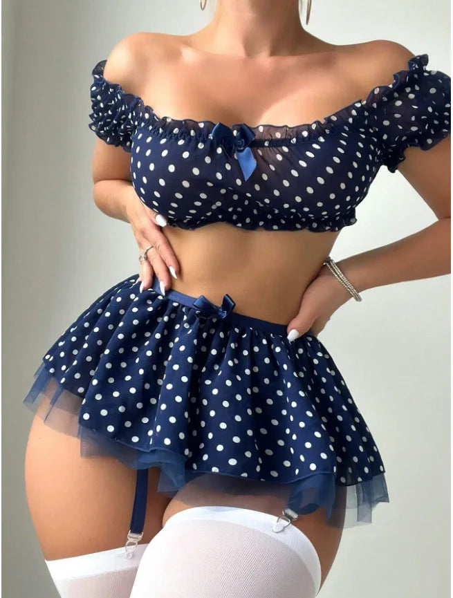Toucheart Lingerie Suit Bow Knot Mesh Polka Dot Off-shoulder Polka Skirt Exposed Navel Underwear