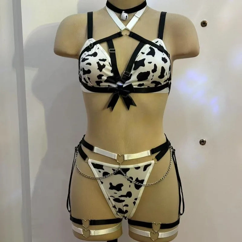 Toucheart Lingerie Suit Spotted Neck Halter Pure Sensual Uniform Lingerie Split Set Halter Underwear Suit