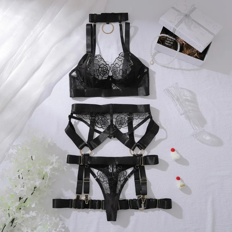 Toucheart Lingerie Suit Solid Color Mesh See-through Slim Fit Tempting Underwear 5-piece Set Garters Lingerie