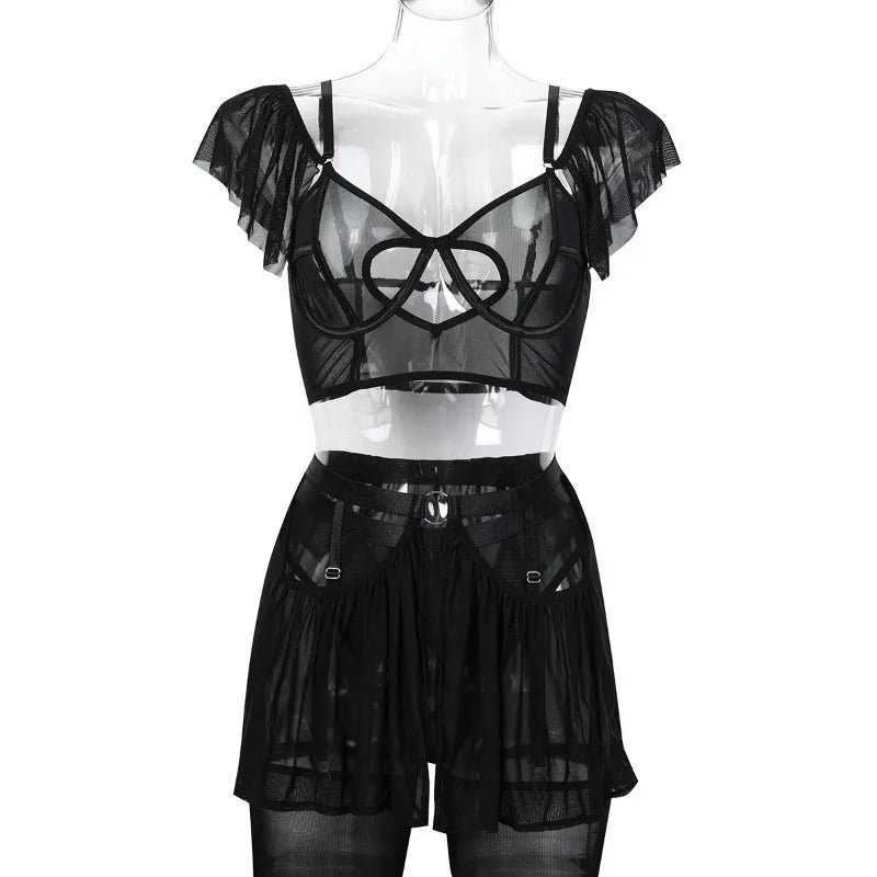 Toucheart Lingerie Suit Solid Color Mesh See-through Sling Underwear Garters Stockings Suit
