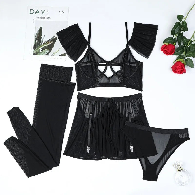 Toucheart Lingerie Suit Solid Color Mesh See-through Sling Underwear Garters Stockings Suit