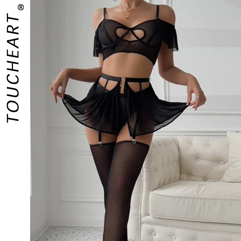 Toucheart Lingerie Suit Solid Color Mesh See-through Sling Underwear Garters Stockings Suit