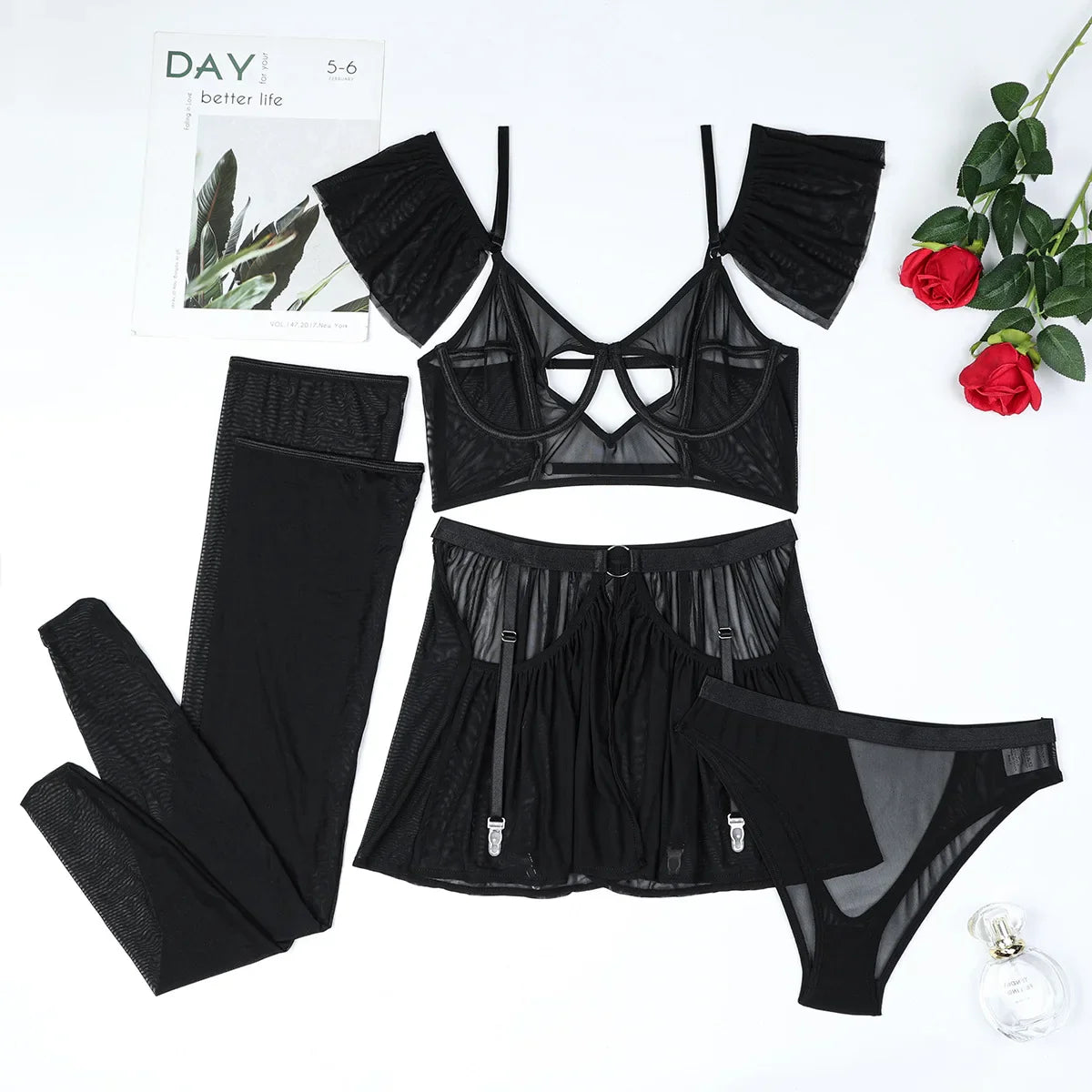 Toucheart Lingerie Suit Solid Color Mesh See-through Sling Underwear Garters Stockings Suit