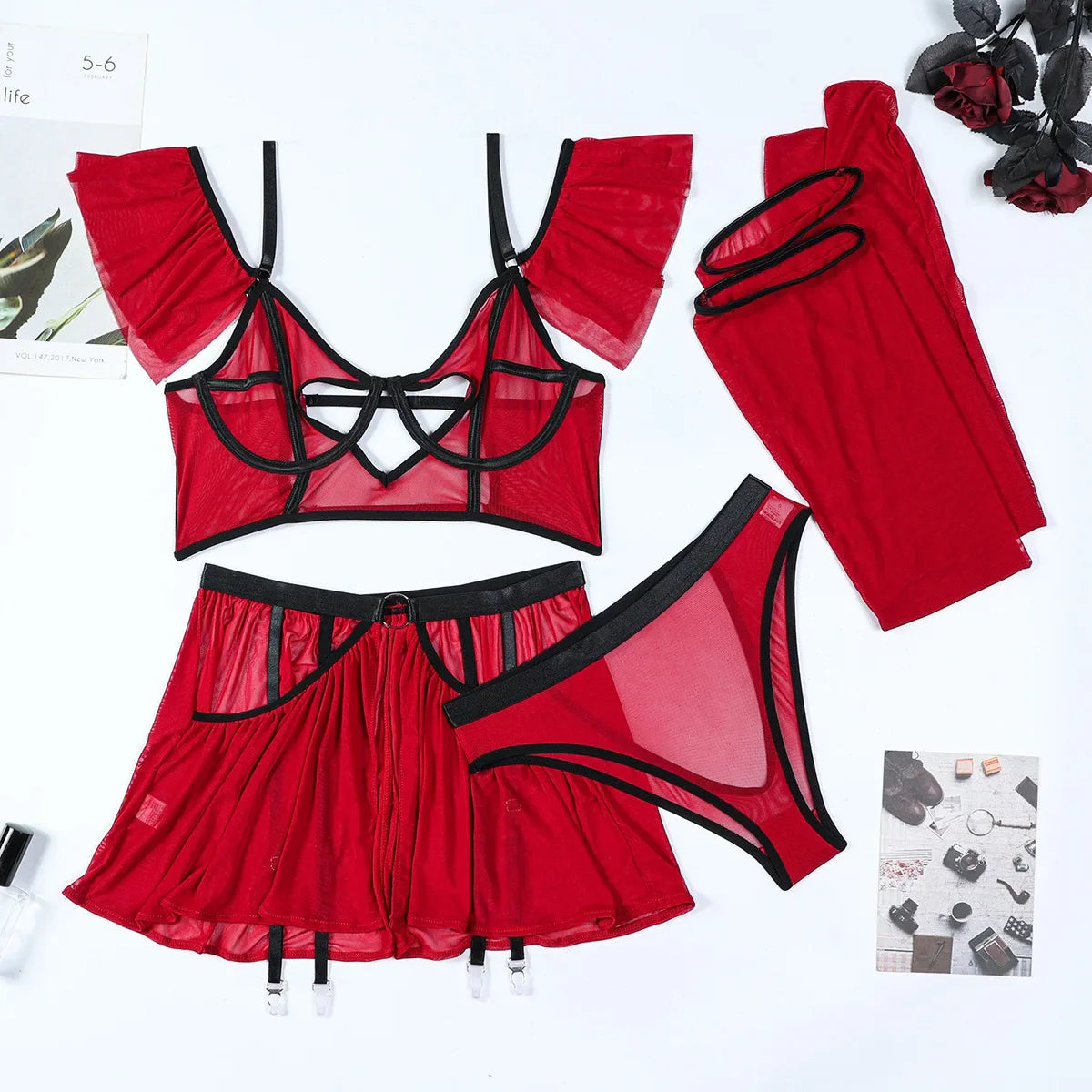 Toucheart Lingerie Suit Solid Color Mesh See-through Sling Underwear Garters Stockings Suit