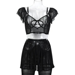 Toucheart Lingerie Suit Solid Color Mesh See-through Sling Underwear Garters Stockings Suit