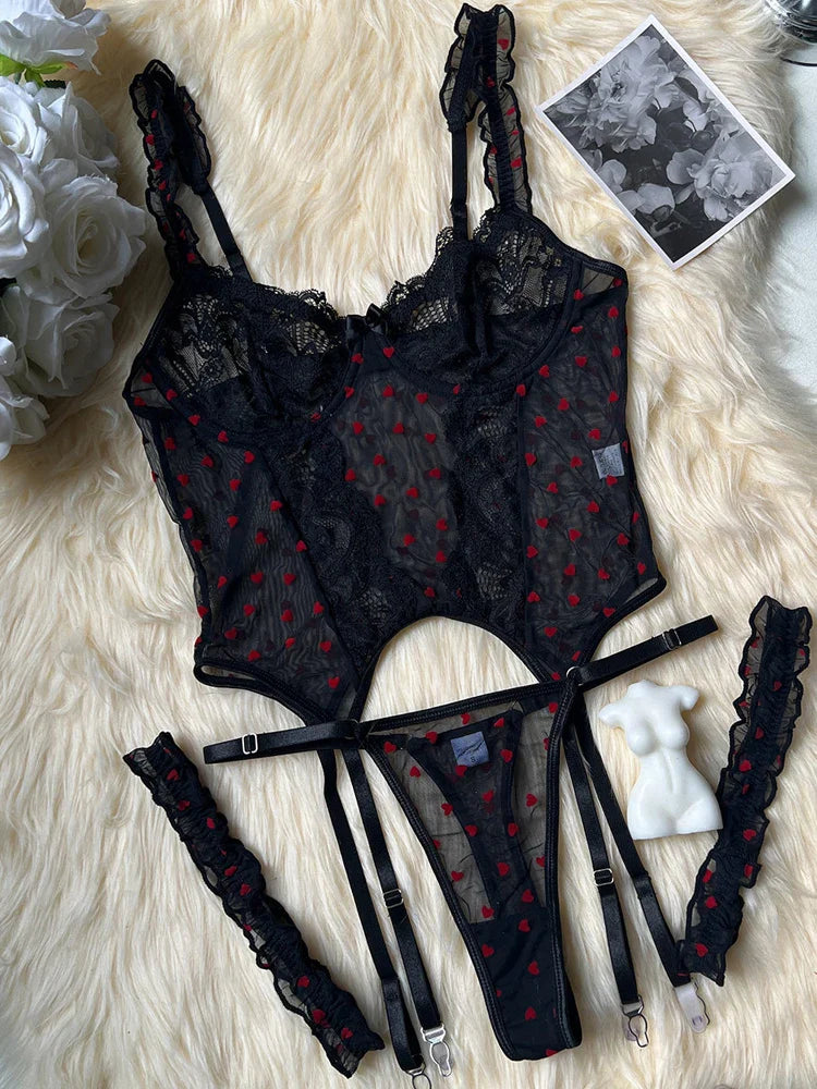 Toucheart Lingerie Suit 4-piece Suspender Bra Lingerie Set Lace Mesh See-through Garters Underwear Set